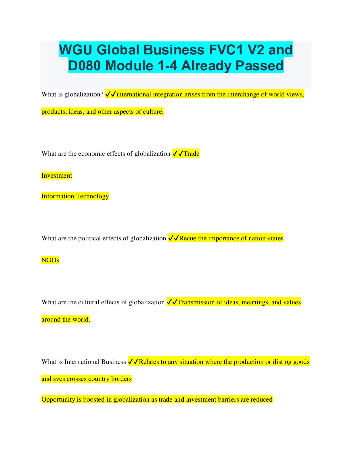 Preview of WGU Global Business FVC1 V2 and D080 Module 1-4 Already Passed